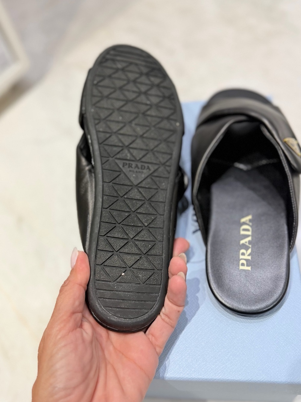Prada Soft nappa padded Black Slide Sandals with metal gold logo - Picture 6 of 6
